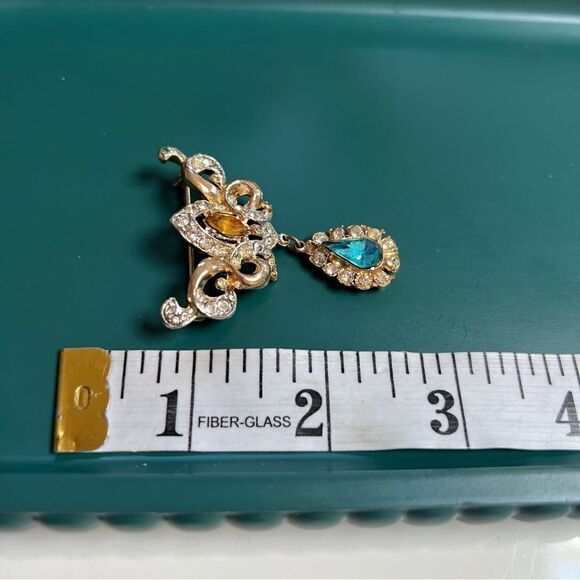 Stunning 3 Piece Vintage 50s 60s MCM Atomic Era Aqua Tone Crystal Brooch Pin Lot - Picture 8 of 10